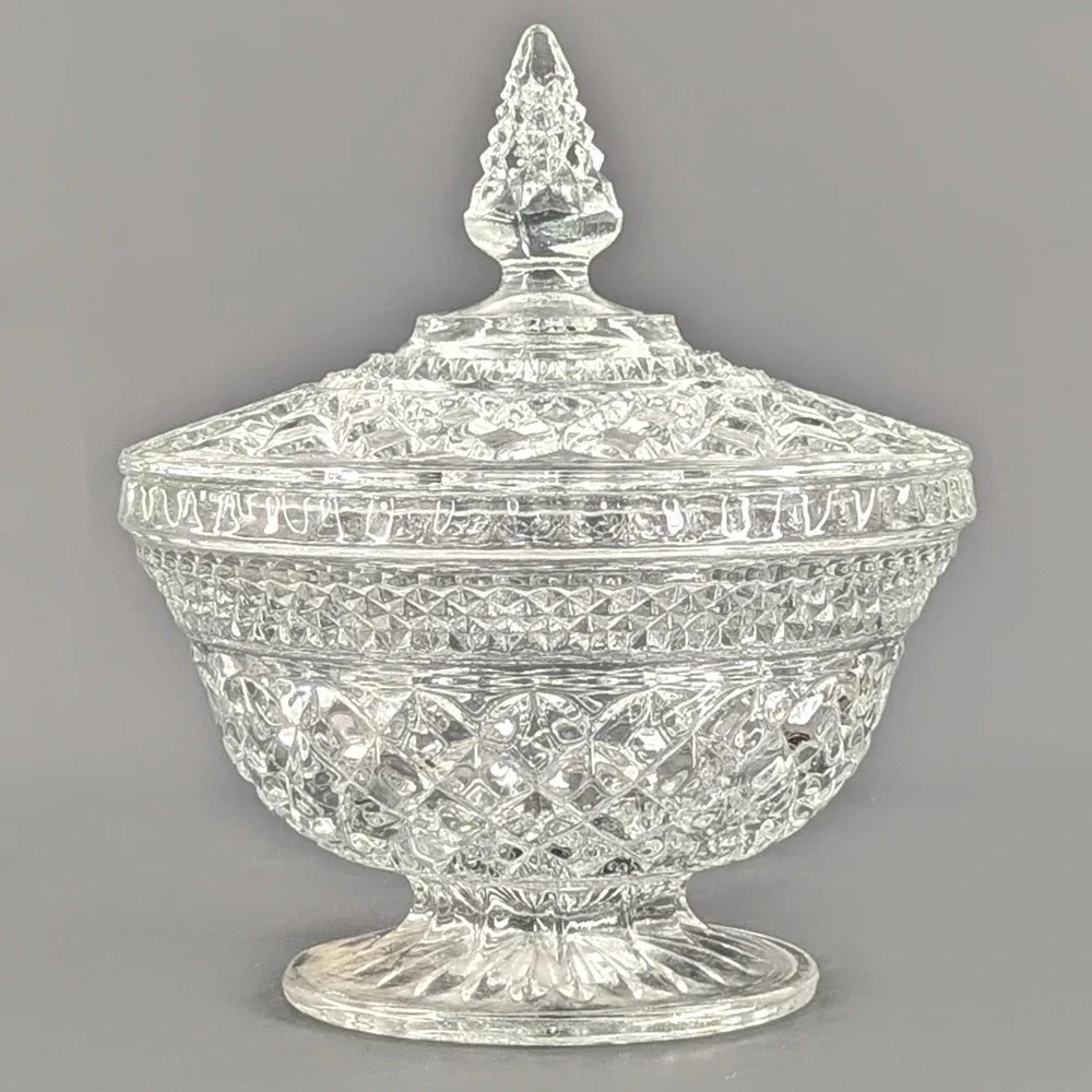 Vintage Clear Pressed Glass Pedestal Candy Dish with Lid Diamond Pattern 8in